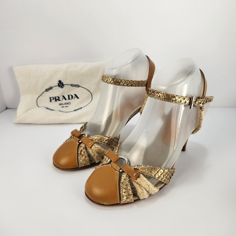 Prada Women's Snakeskin Leather Ankle Strap Heels Brown Gold Size 37.5 Italy